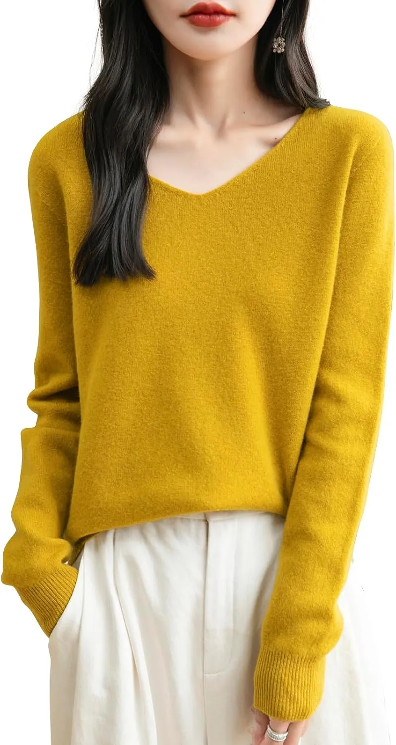 Women's 100% Merino Wool V Neck Sweater 2025 First-Line Ready to Wear Casual Long Sleeve Seamless Knit Sweater