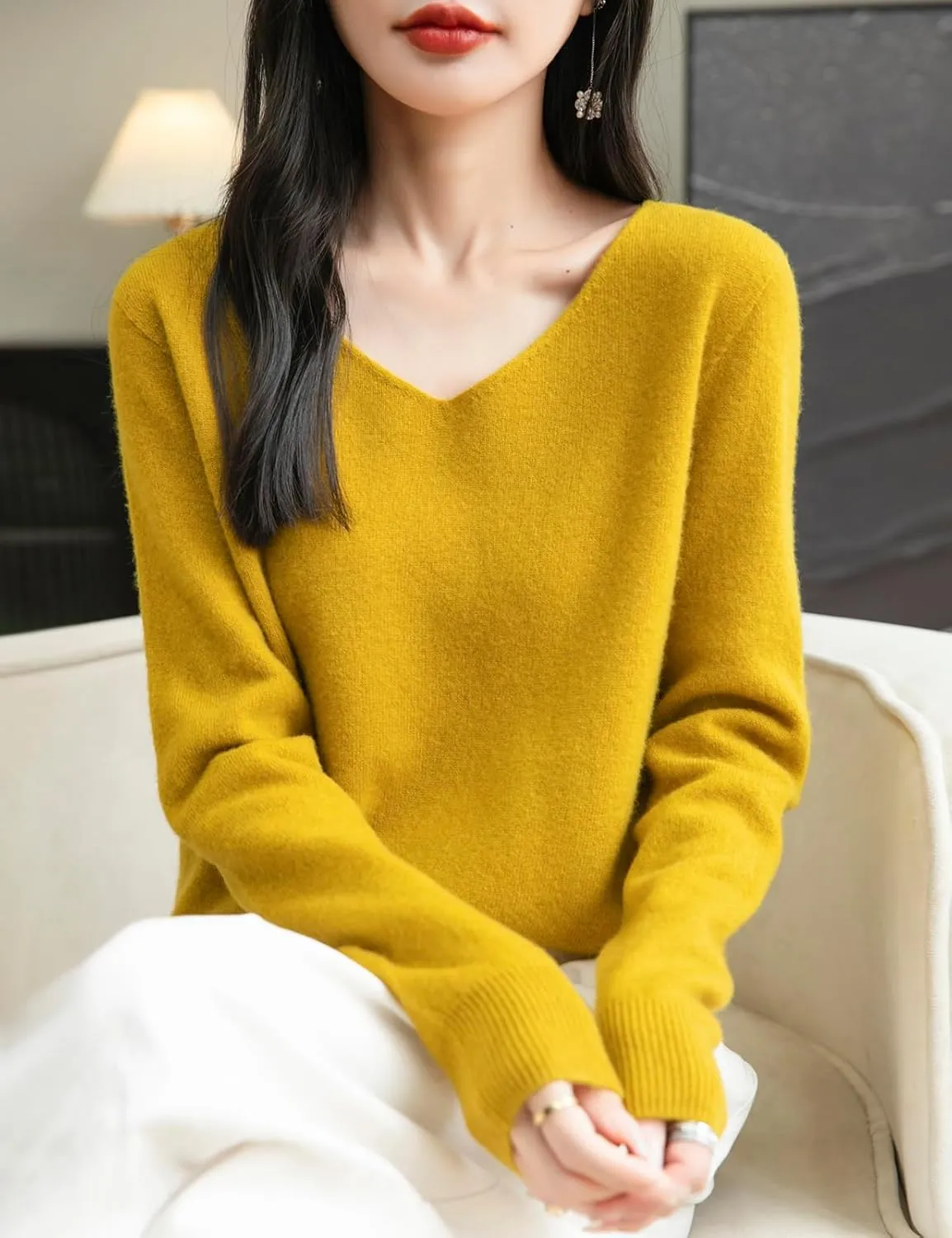 Women's 100% Merino Wool V Neck Sweater 2025 First-Line Ready to Wear Casual Long Sleeve Seamless Knit Sweater
