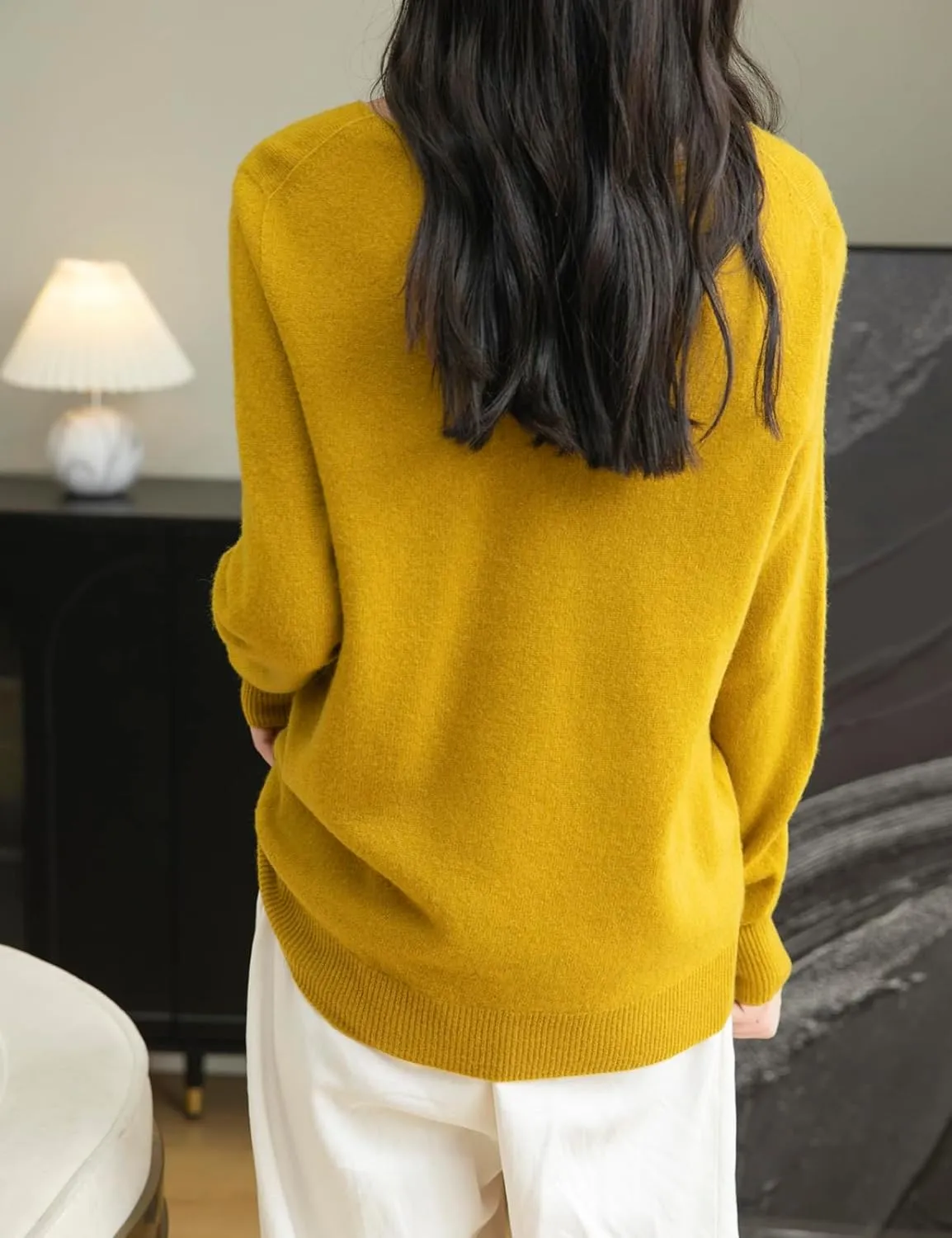 Women's 100% Merino Wool V Neck Sweater 2025 First-Line Ready to Wear Casual Long Sleeve Seamless Knit Sweater
