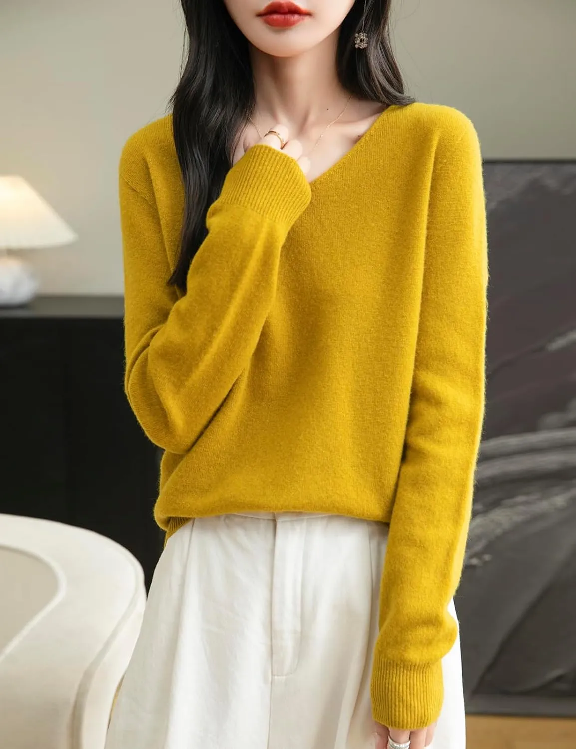 Women's 100% Merino Wool V Neck Sweater 2025 First-Line Ready to Wear Casual Long Sleeve Seamless Knit Sweater