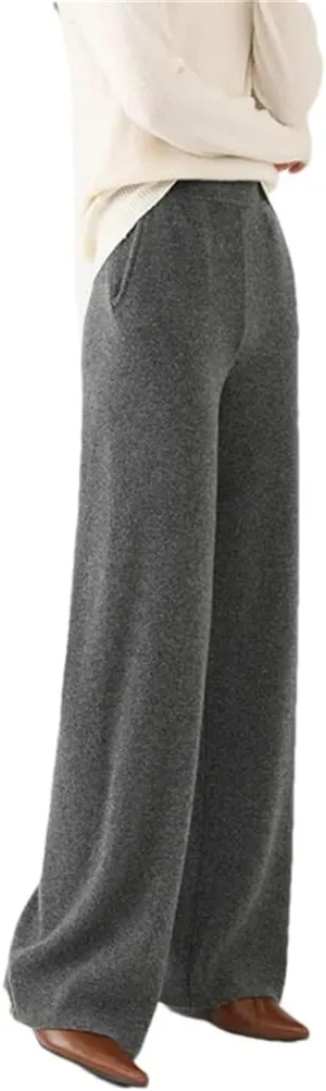 Women’S 100% Merino Wool Wide Leg Knit Pants, Winter Solid Color Warm Trousers with Pocket