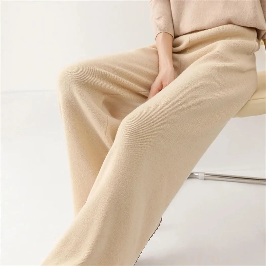Women’S 100% Merino Wool Wide Leg Knit Pants, Winter Solid Color Warm Trousers with Pocket