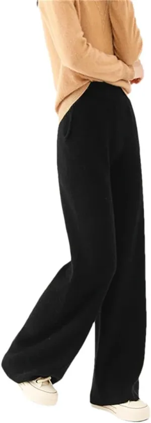 Women’S 100% Merino Wool Wide Leg Knit Pants, Winter Solid Color Warm Trousers with Pocket