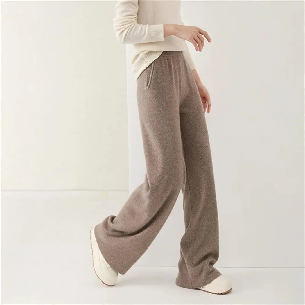 Women’S 100% Merino Wool Wide Leg Knit Pants, Winter Solid Color Warm Trousers with Pocket