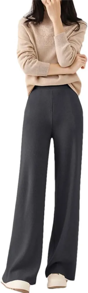Women’S 100% Merino Wool Wide Leg Knit Pants, Winter Solid Color Warm Trousers with Pocket
