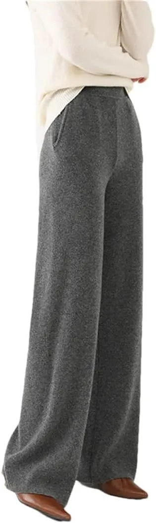Women’S 100% Merino Wool Wide Leg Knit Pants, Winter Solid Color Warm Trousers with Pocket