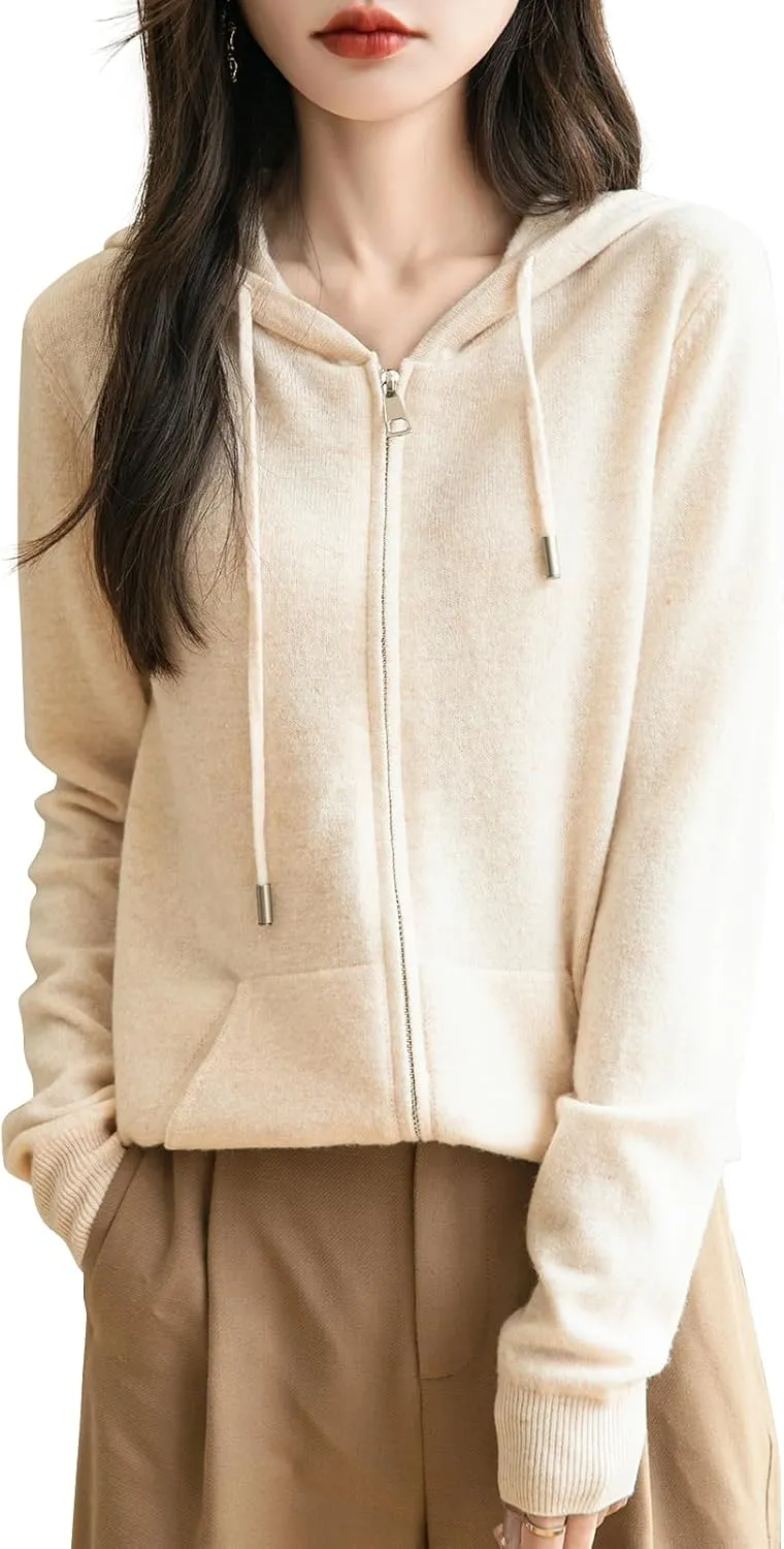 Women's 100% Merino Wool Zip Up Hoodies 2025 Fall Winter Warm Long Sleeve Knit Sweatshirt Cardigan with Pocket