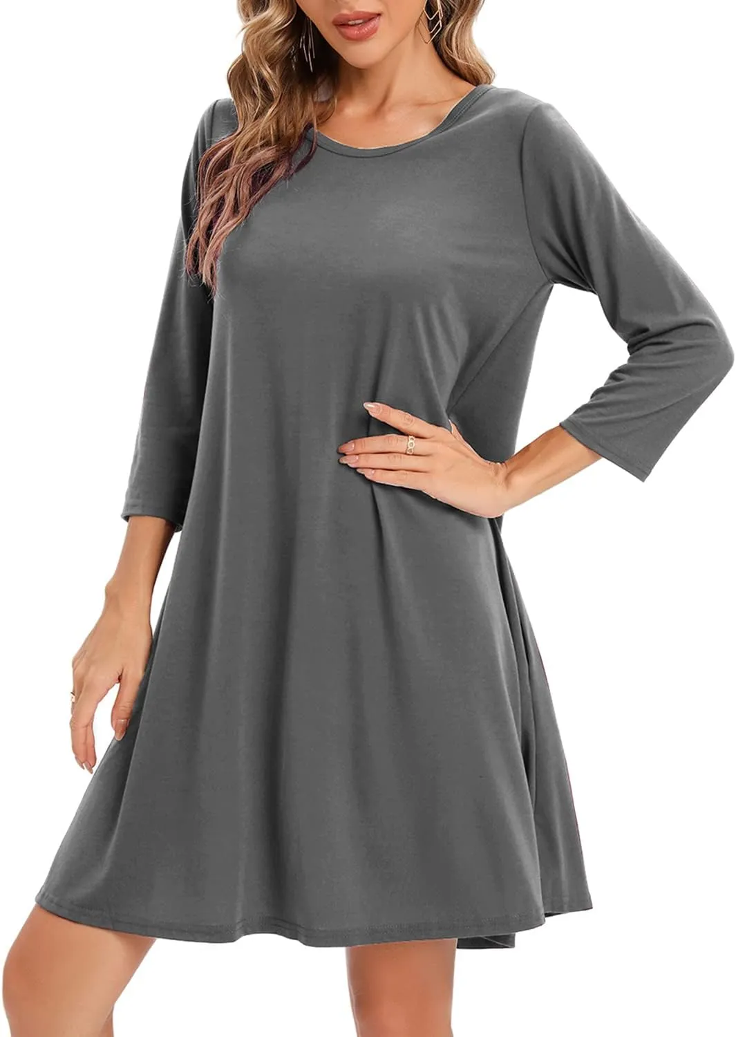 Women's 3/4 Sleeve Damask Floral Printed Tunic Dress Bohemian Swing Casual Midi Dress With Pocket Tunic Blouses For Leggings