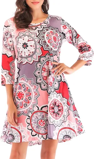 Women's 3/4 Sleeve Damask Floral Printed Tunic Dress Bohemian Swing Casual Midi Dress With Pocket Tunic Blouses For Leggings