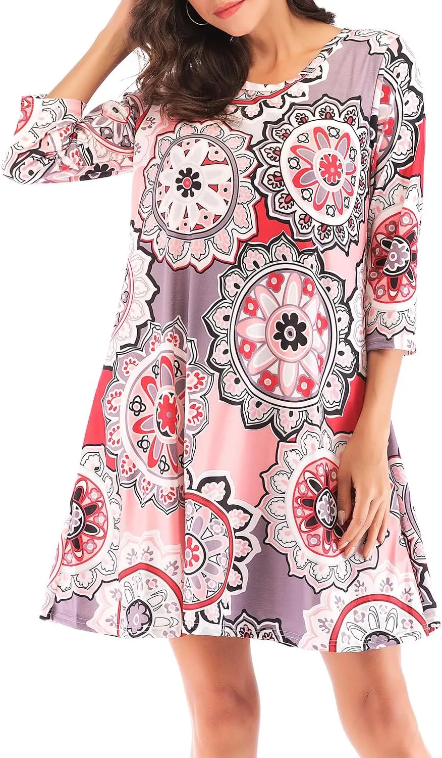 Women's 3/4 Sleeve Damask Floral Printed Tunic Dress Bohemian Swing Casual Midi Dress With Pocket Tunic Blouses For Leggings
