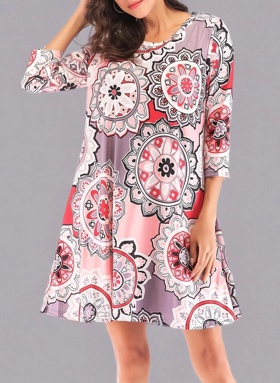 Women's 3/4 Sleeve Damask Floral Printed Tunic Dress Bohemian Swing Casual Midi Dress With Pocket Tunic Blouses For Leggings