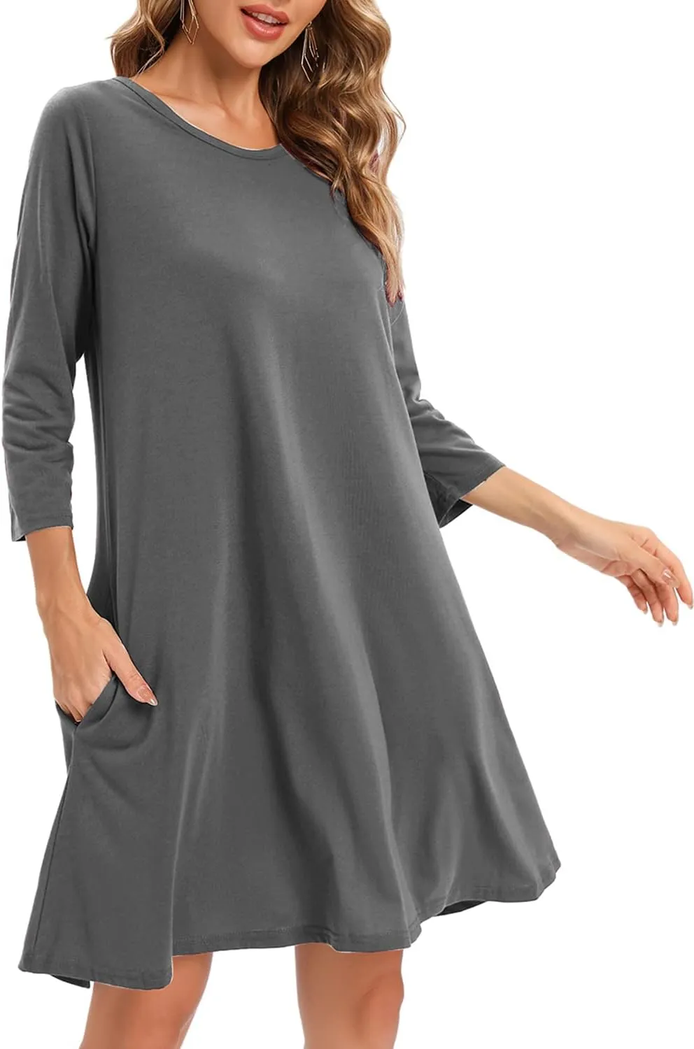 Women's 3/4 Sleeve Damask Floral Printed Tunic Dress Bohemian Swing Casual Midi Dress With Pocket Tunic Blouses For Leggings