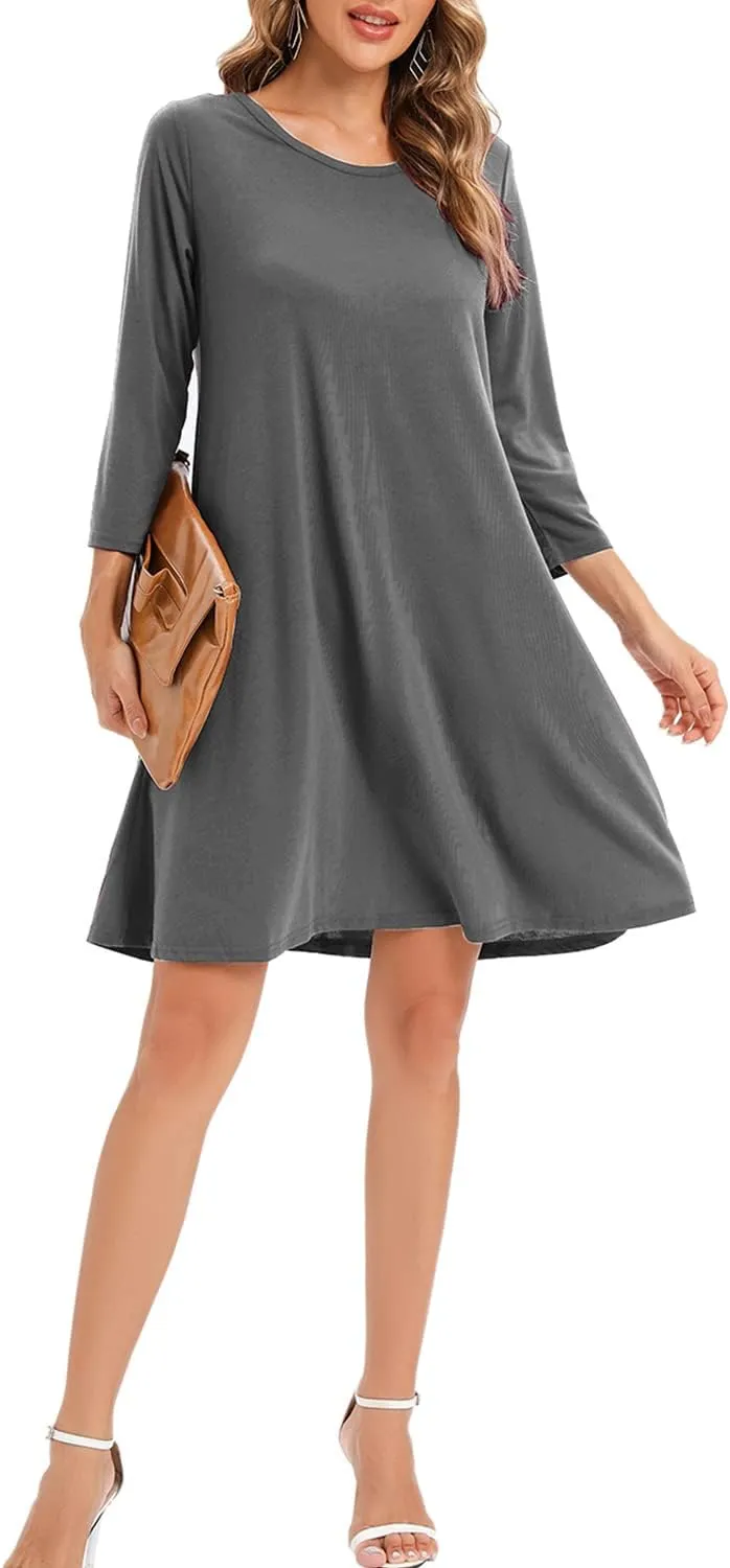 Women's 3/4 Sleeve Damask Floral Printed Tunic Dress Bohemian Swing Casual Midi Dress With Pocket Tunic Blouses For Leggings