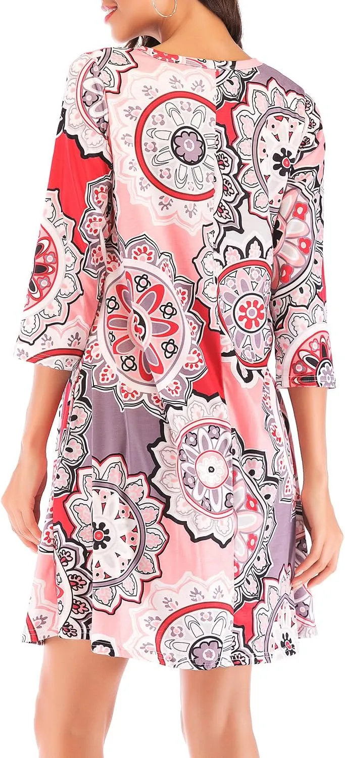 Women's 3/4 Sleeve Damask Floral Printed Tunic Dress Bohemian Swing Casual Midi Dress With Pocket Tunic Blouses For Leggings
