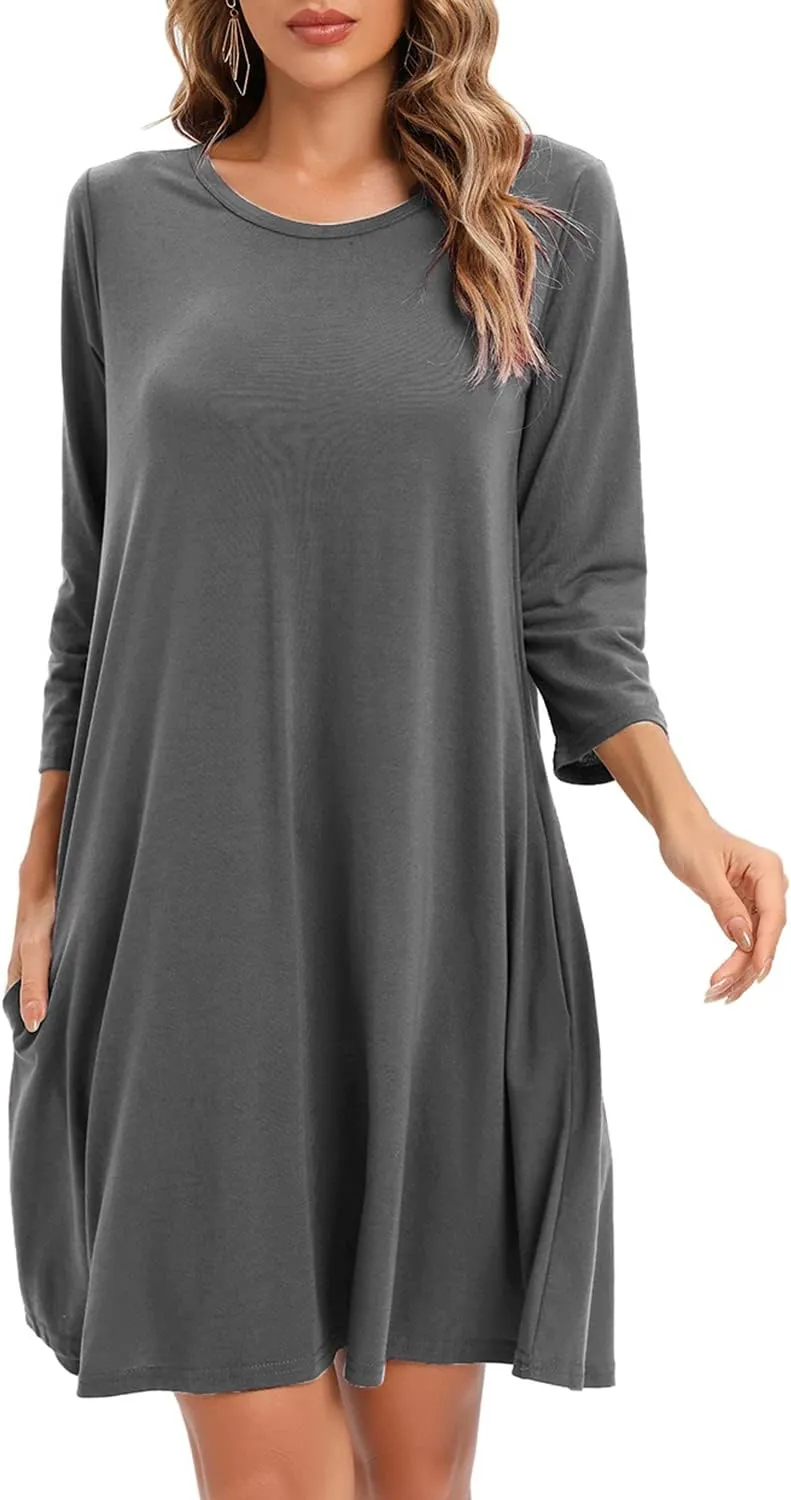 Women's 3/4 Sleeve Damask Floral Printed Tunic Dress Bohemian Swing Casual Midi Dress With Pocket Tunic Blouses For Leggings
