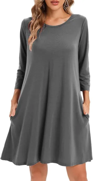 Women's 3/4 Sleeve Damask Floral Printed Tunic Dress Bohemian Swing Casual Midi Dress With Pocket Tunic Blouses For Leggings