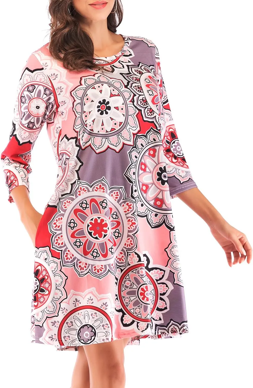 Women's 3/4 Sleeve Damask Floral Printed Tunic Dress Bohemian Swing Casual Midi Dress With Pocket Tunic Blouses For Leggings
