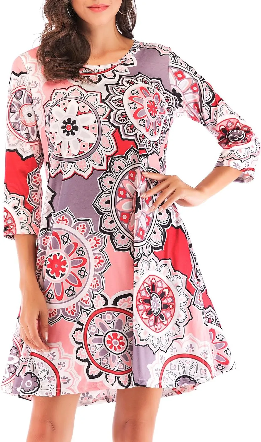 Women's 3/4 Sleeve Damask Floral Printed Tunic Dress Bohemian Swing Casual Midi Dress With Pocket Tunic Blouses For Leggings