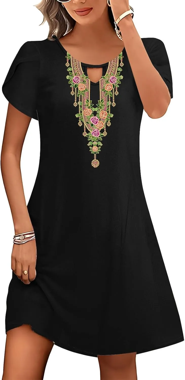 Womens Classic Western Printed Dress Casual Loose Petal Short Sleeved Dress Summer Boho Maxi Dress Mini Sun Dress