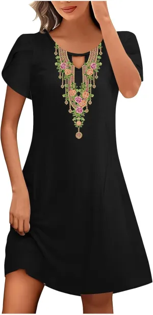 Womens Classic Western Printed Dress Casual Loose Petal Short Sleeved Dress Summer Boho Maxi Dress Mini Sun Dress