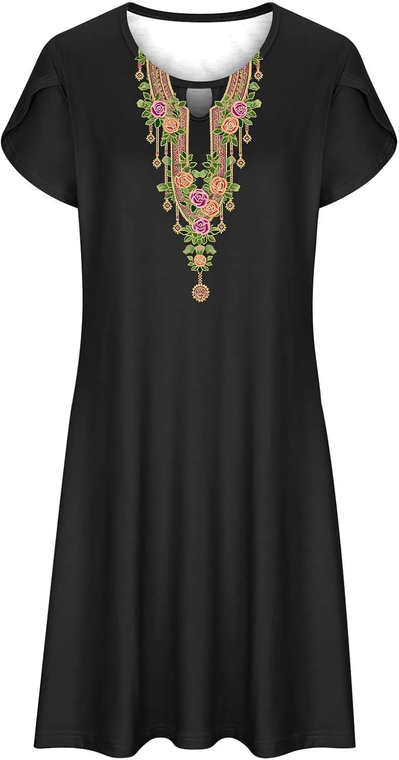 Womens Classic Western Printed Dress Casual Loose Petal Short Sleeved Dress Summer Boho Maxi Dress Mini Sun Dress