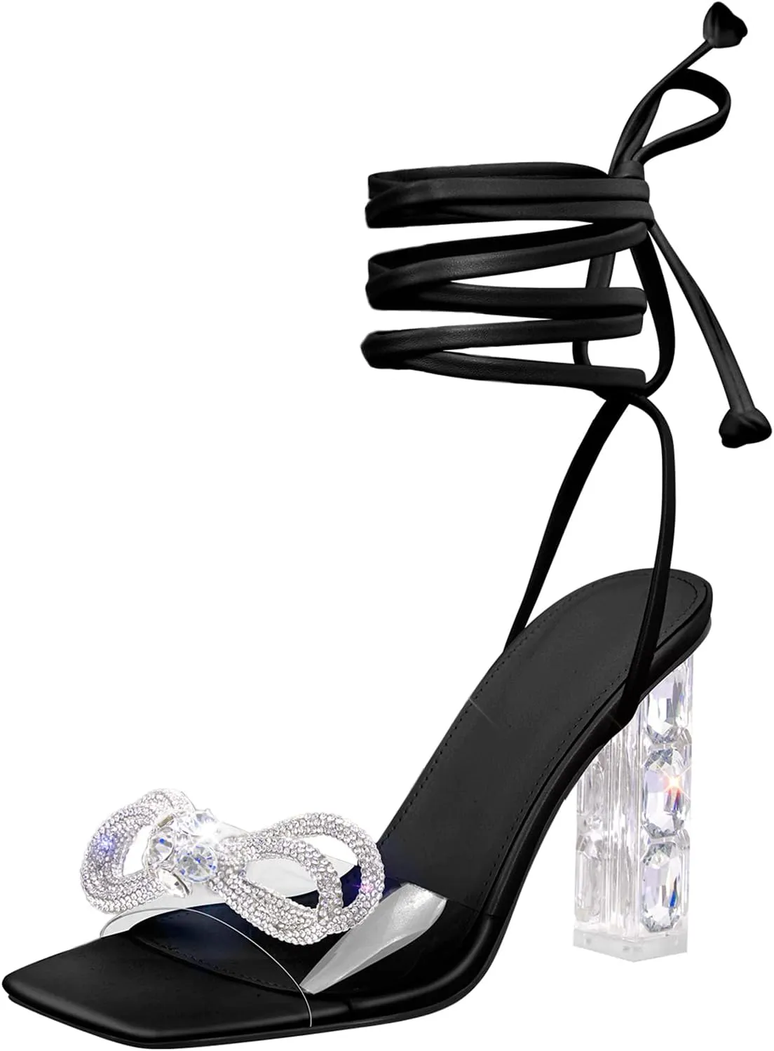 Women's Clear Rhinestone Bow Heels Lace Up