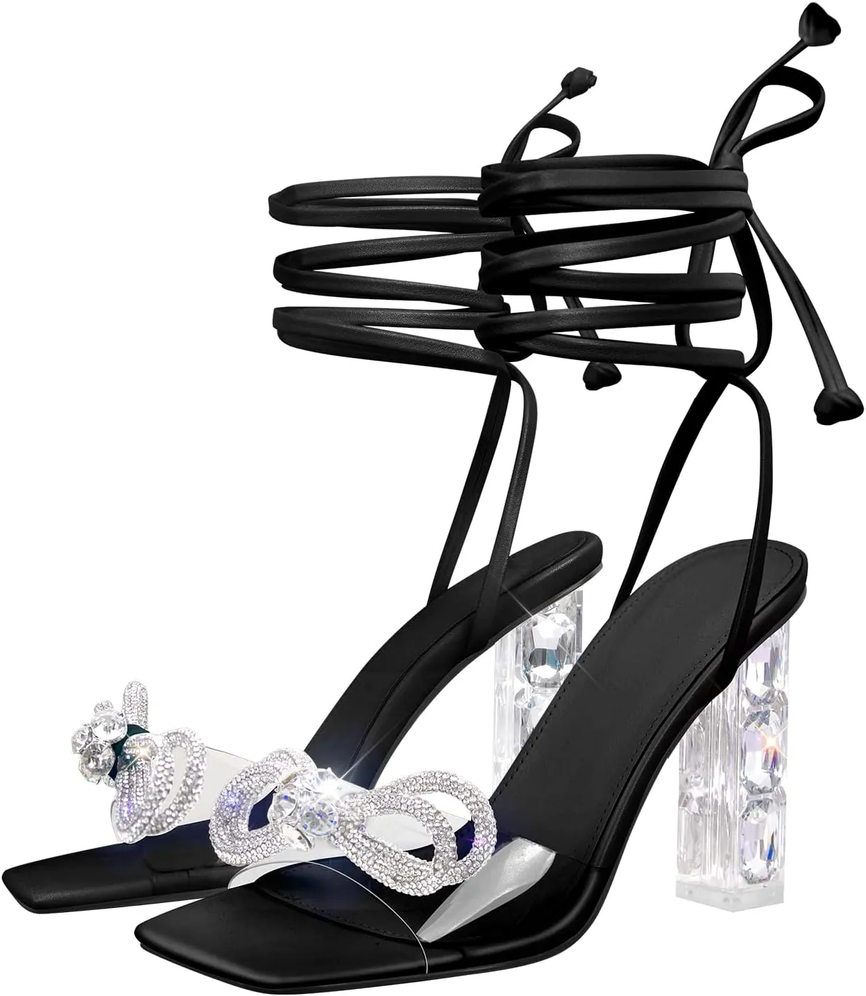 Women's Clear Rhinestone Bow Heels Lace Up