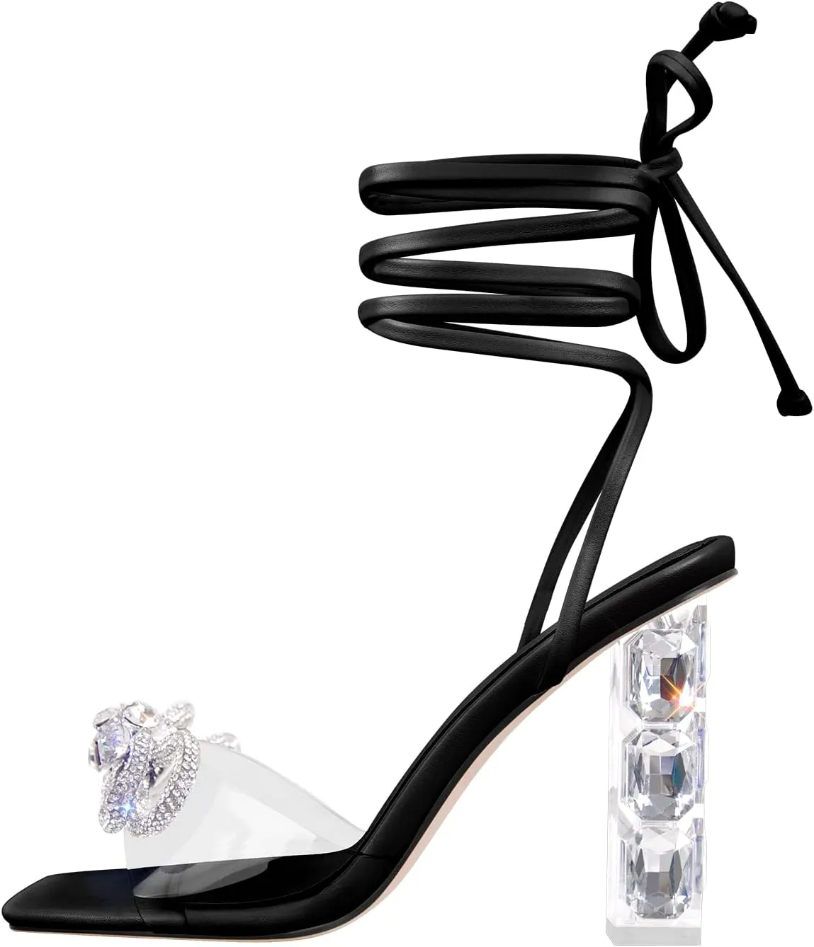 Women's Clear Rhinestone Bow Heels Lace Up