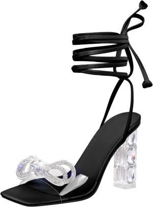 Women's Clear Rhinestone Bow Heels Lace Up