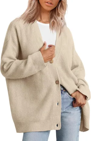 Women's Fashion Beach Kimonos Oversized Button Lightweight Sweaters V Neck Loose Cardigans Women Cardigan 3/4
