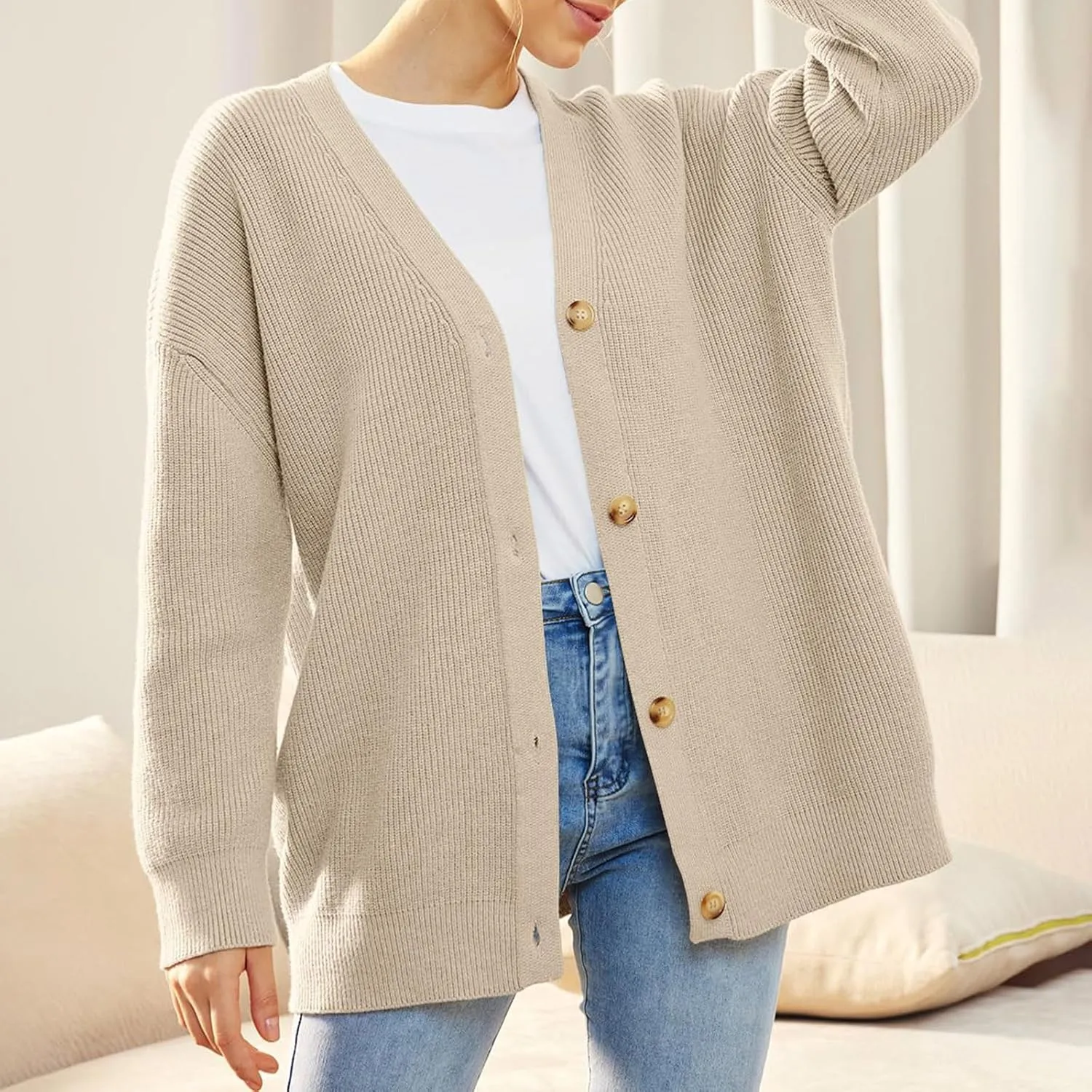 Women's Fashion Beach Kimonos Oversized Button Lightweight Sweaters V Neck Loose Cardigans Women Cardigan 3/4