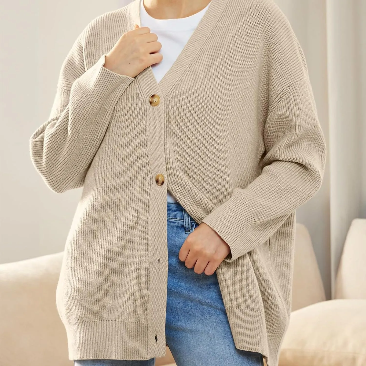Women's Fashion Beach Kimonos Oversized Button Lightweight Sweaters V Neck Loose Cardigans Women Cardigan 3/4
