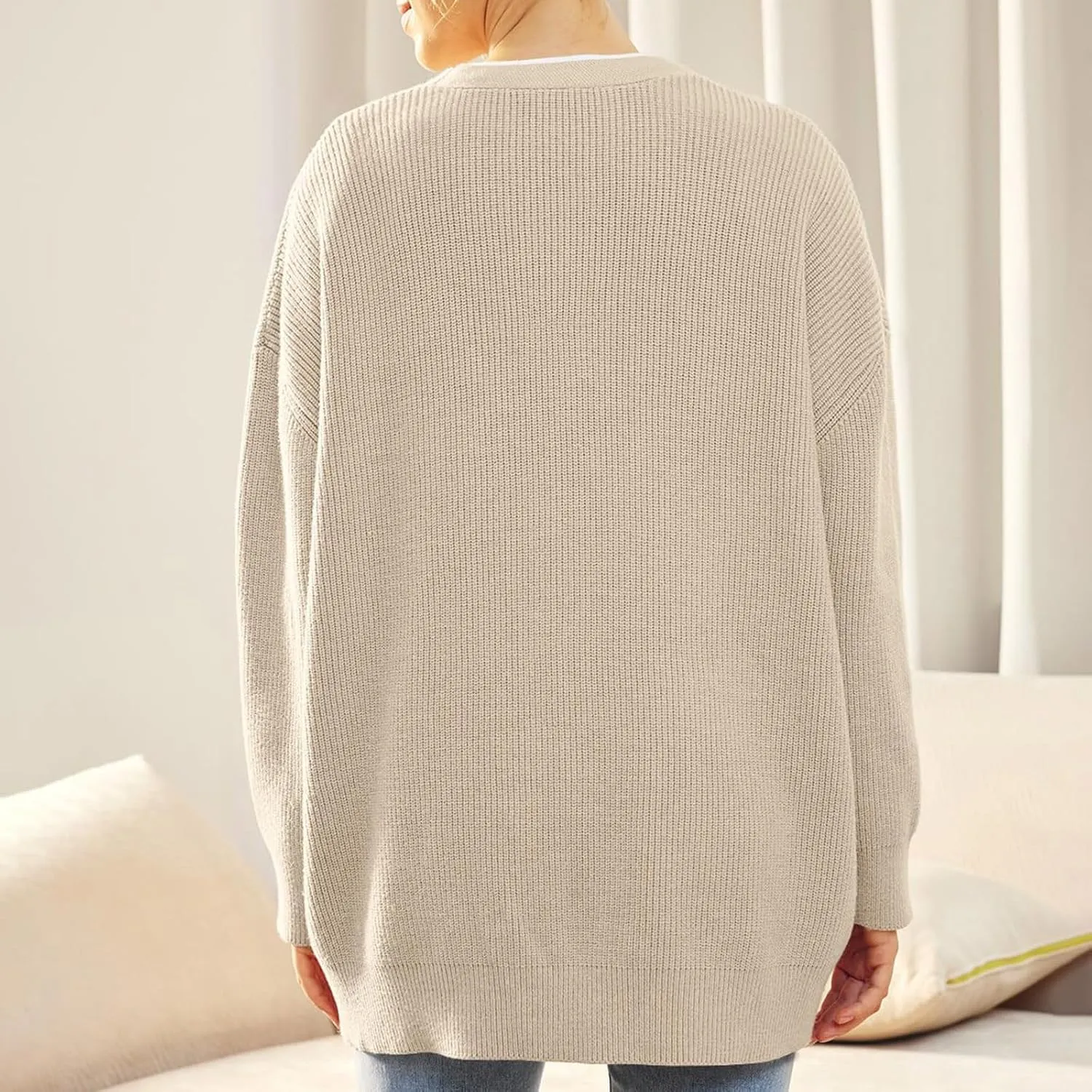 Women's Fashion Beach Kimonos Oversized Button Lightweight Sweaters V Neck Loose Cardigans Women Cardigan 3/4