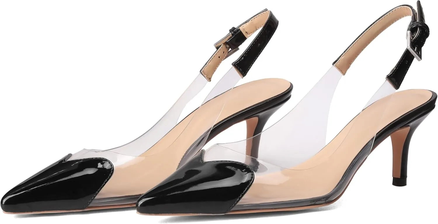 Women's Fashion Pointed Toe Heart Pumps Elegant 6 CM/2.4 Inch Heel Splicing Slingback Kitten Heels Transparent PVC Cute Clear Pumps Closed Toe Wedding Party Dress Shoes