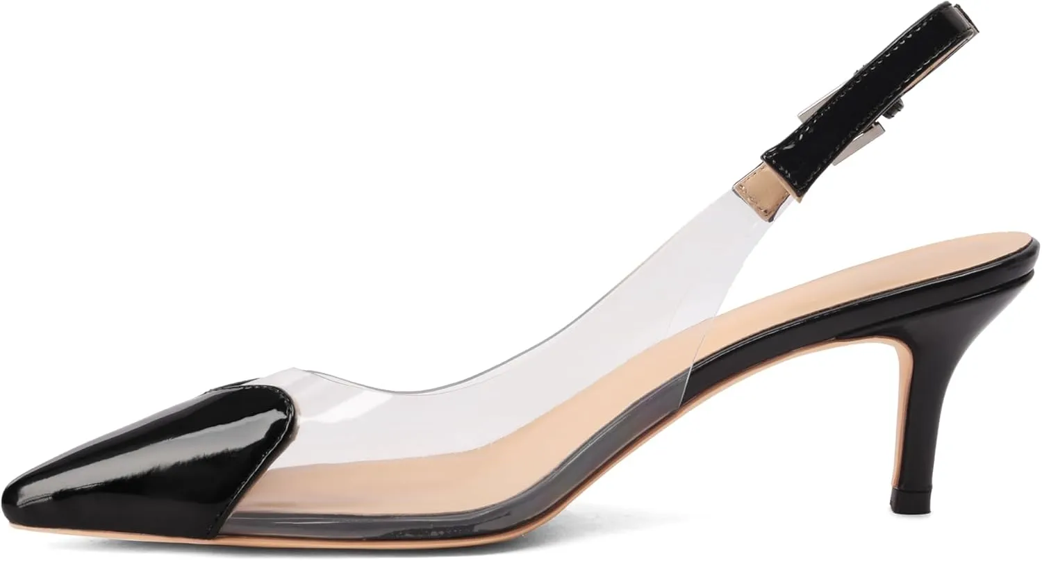 Women's Fashion Pointed Toe Heart Pumps Elegant 6 CM/2.4 Inch Heel Splicing Slingback Kitten Heels Transparent PVC Cute Clear Pumps Closed Toe Wedding Party Dress Shoes