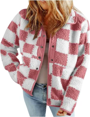 Womens Fleece Jackets Fashion 2024 Plaid Button Down Sherpa Teddy Coat Causal Fall Winter Fuzzy Coats Outwear