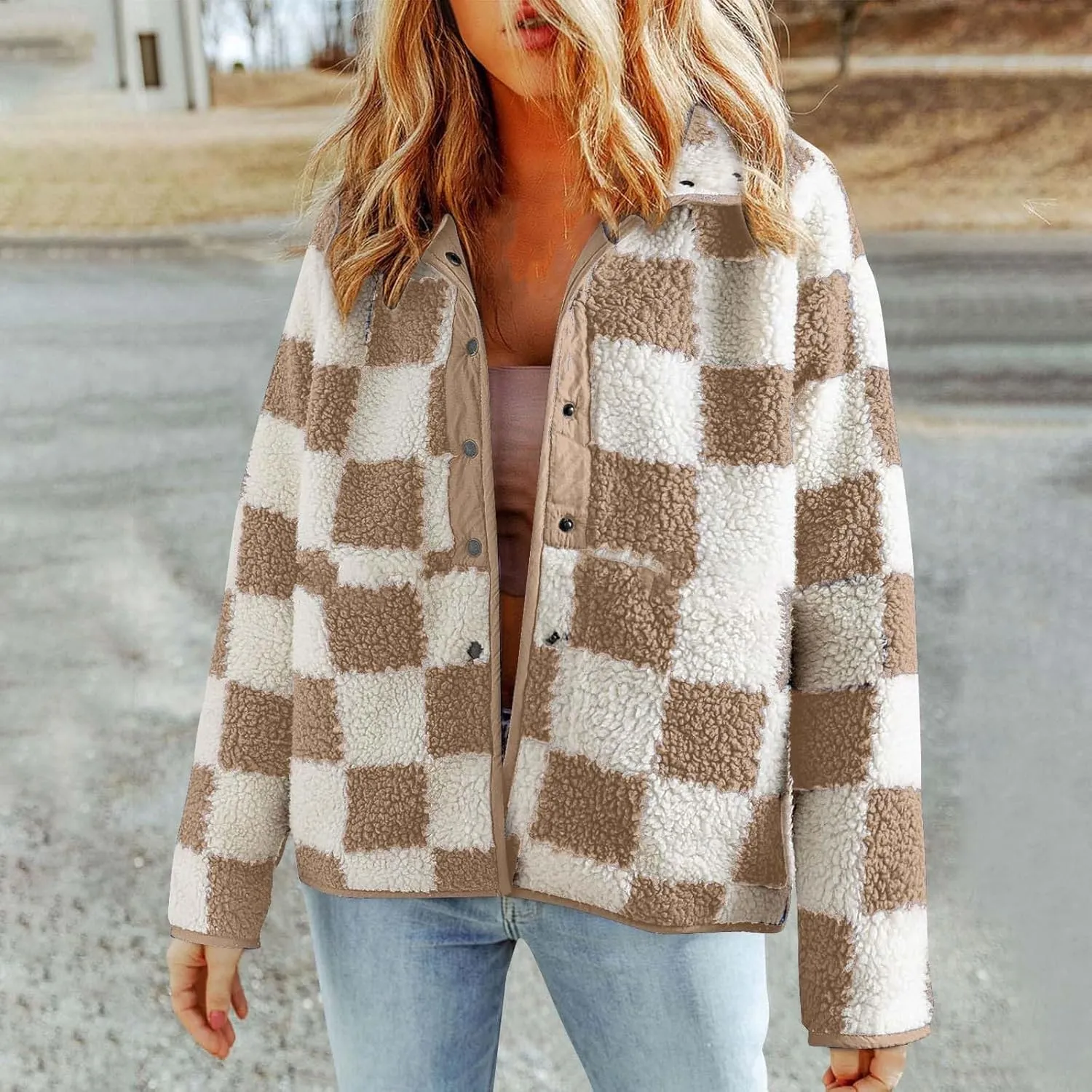 Womens Fleece Jackets Fashion 2024 Plaid Button Down Sherpa Teddy Coat Causal Fall Winter Fuzzy Coats Outwear