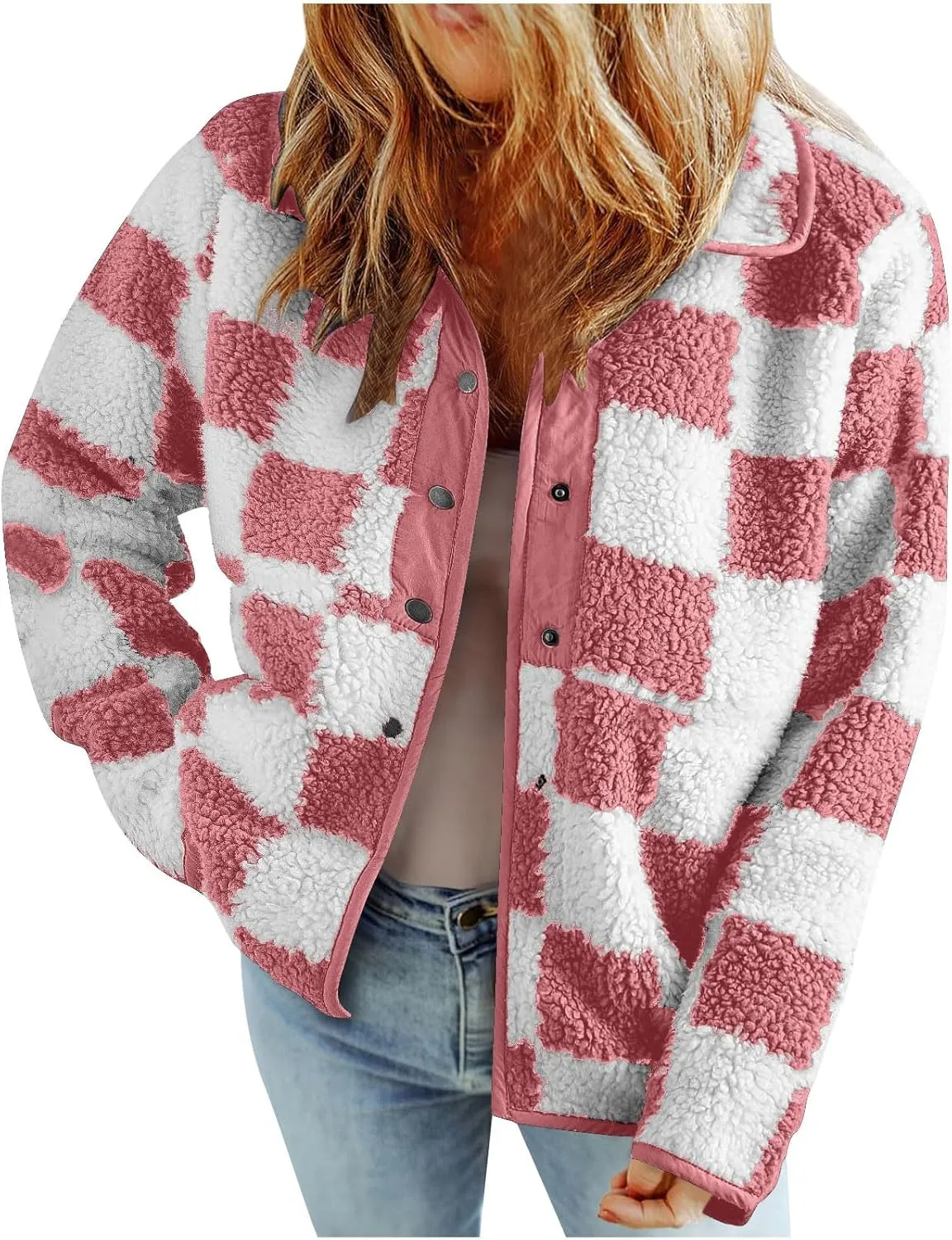 Womens Fleece Jackets Fashion 2024 Plaid Button Down Sherpa Teddy Coat Causal Fall Winter Fuzzy Coats Outwear