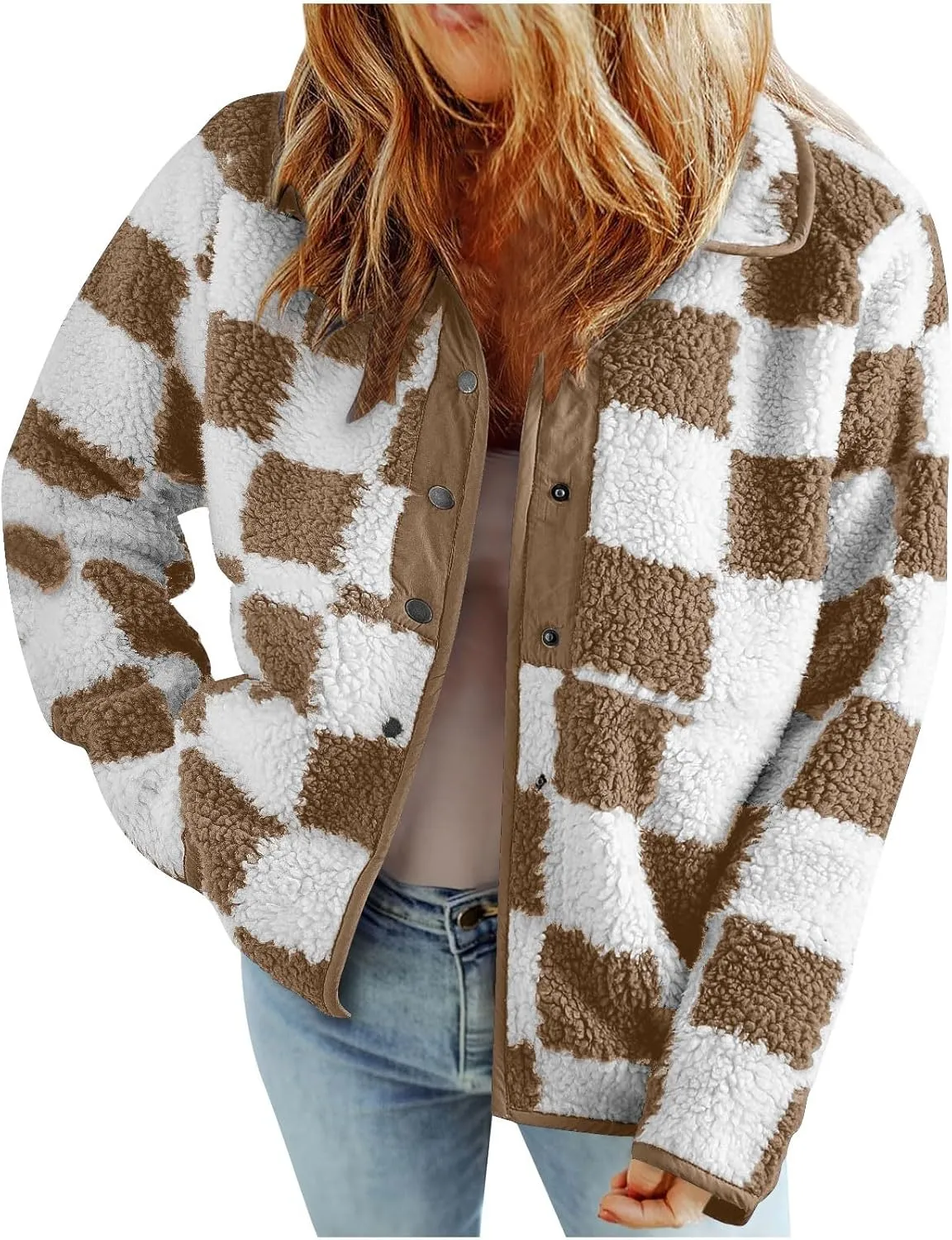 Womens Fleece Jackets Fashion 2024 Plaid Button Down Sherpa Teddy Coat Causal Fall Winter Fuzzy Coats Outwear