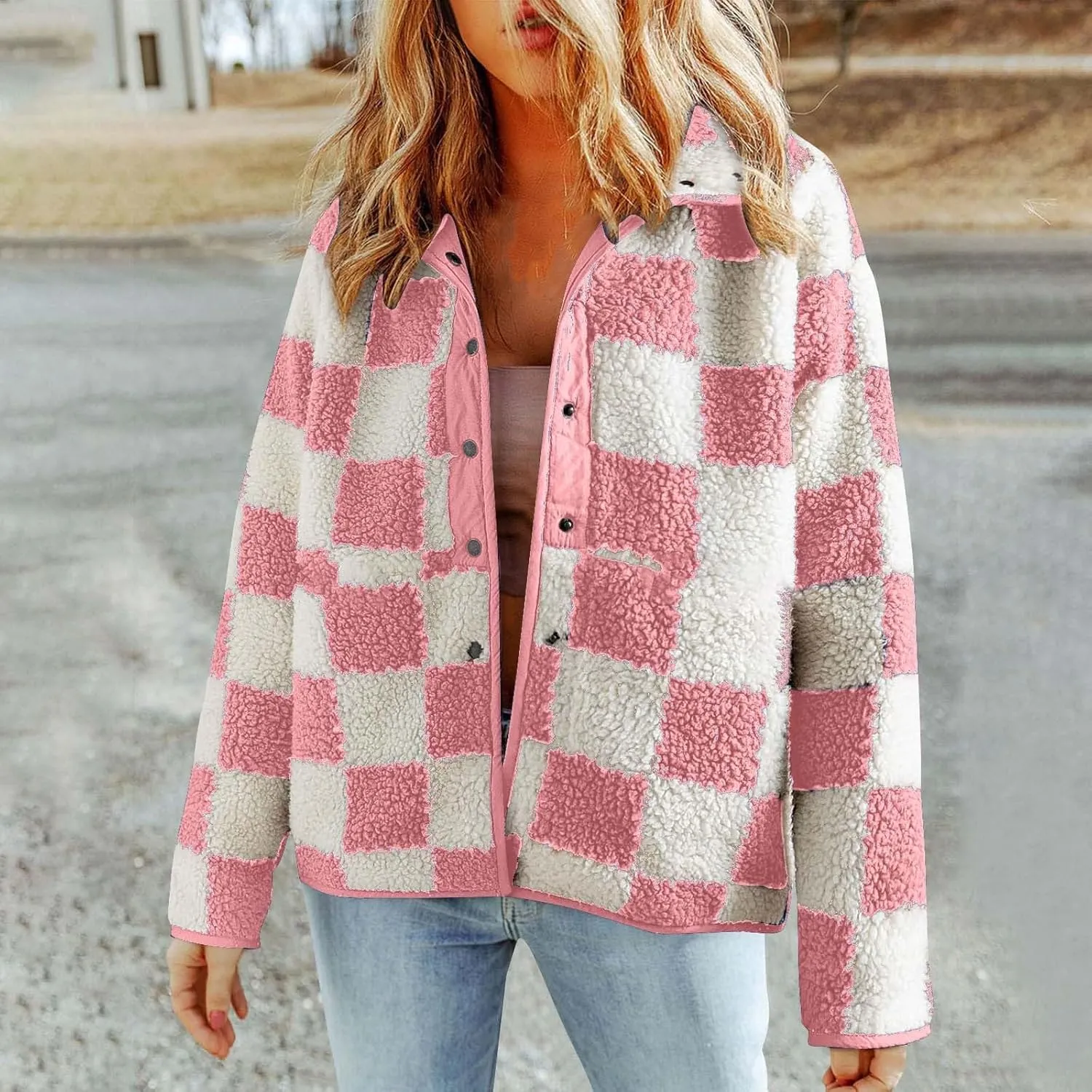 Womens Fleece Jackets Fashion 2024 Plaid Button Down Sherpa Teddy Coat Causal Fall Winter Fuzzy Coats Outwear
