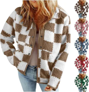 Womens Fleece Jackets Fashion 2024 Plaid Button Down Sherpa Teddy Coat Causal Fall Winter Fuzzy Coats Outwear