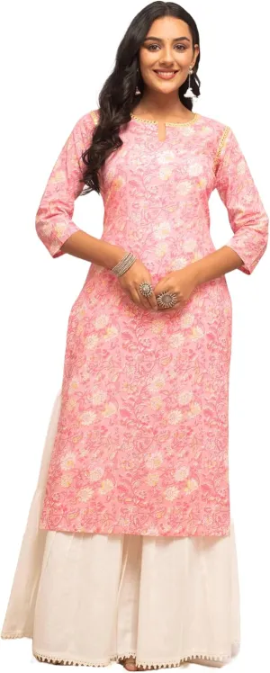 Women's Floral Printed Peach Cotton Straight Kurta