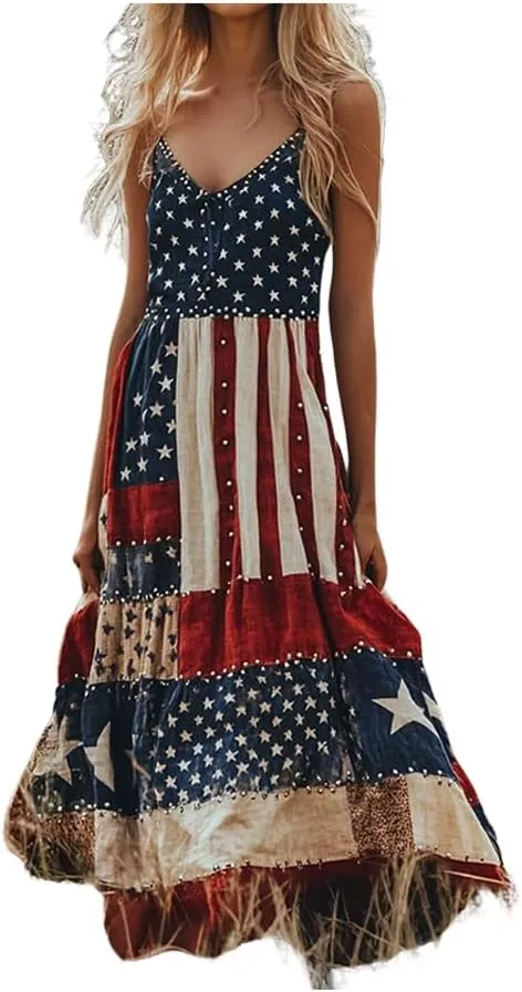 Women's Independence Day Patch Art Line Dress Floral American Flag Dresses
