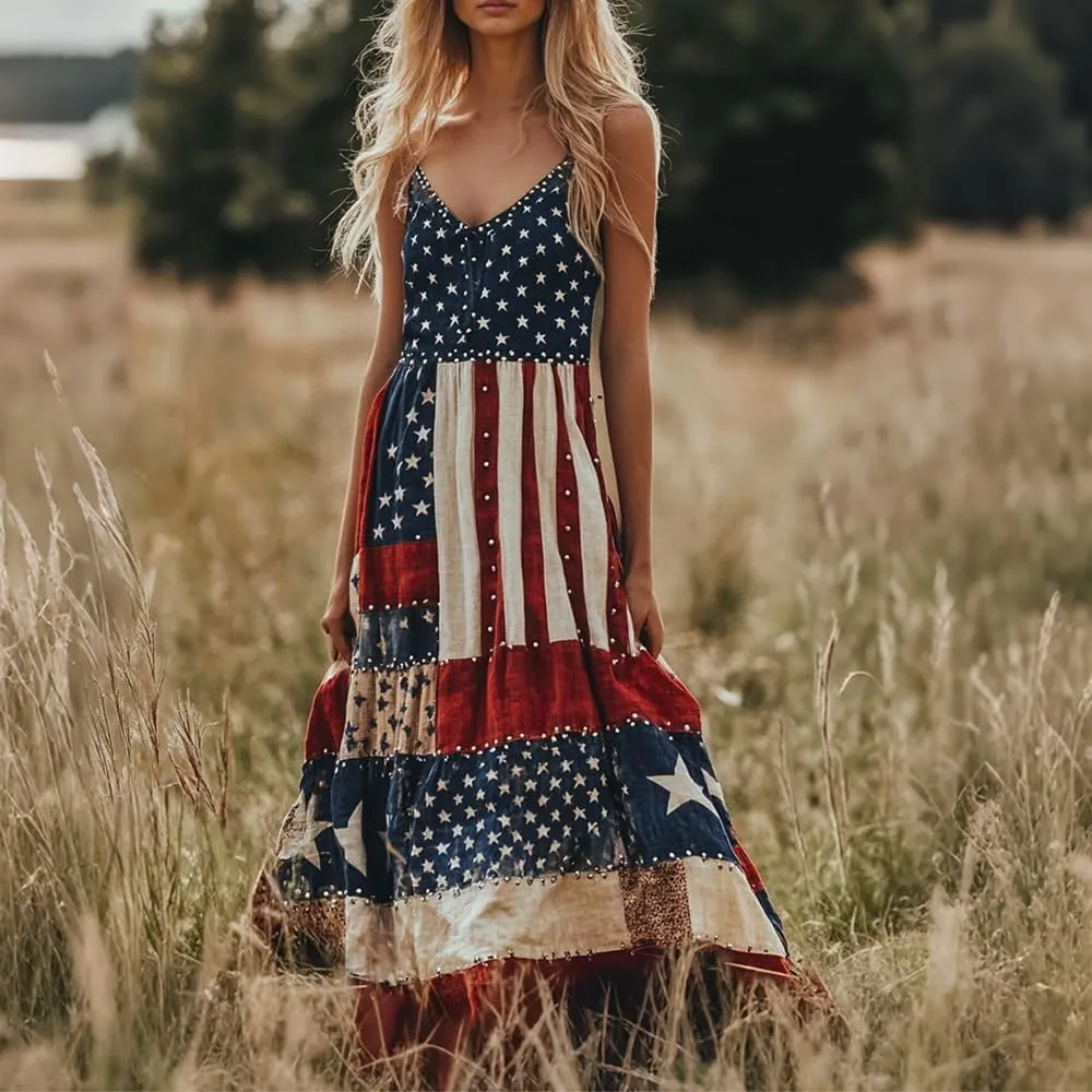 Women's Independence Day Patch Art Line Dress Floral American Flag Dresses