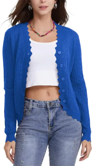 Women's Lace V Neck Hollow-Out Crochet Button Down Knit Slim Cropped Cardigan