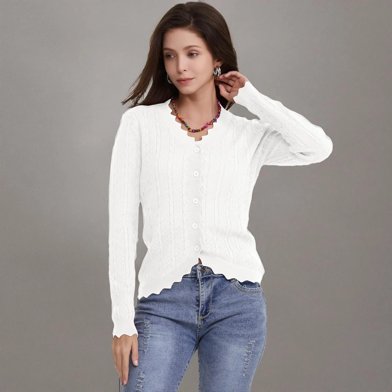 Women's Lace V Neck Hollow-Out Crochet Button Down Knit Slim Cropped Cardigan