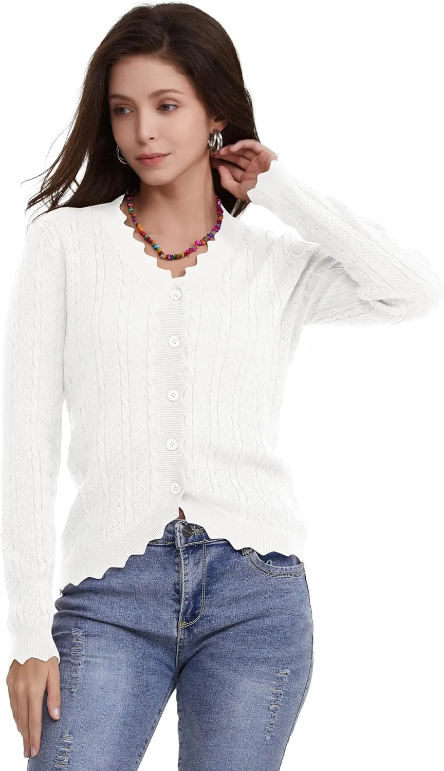 Women's Lace V Neck Hollow-Out Crochet Button Down Knit Slim Cropped Cardigan