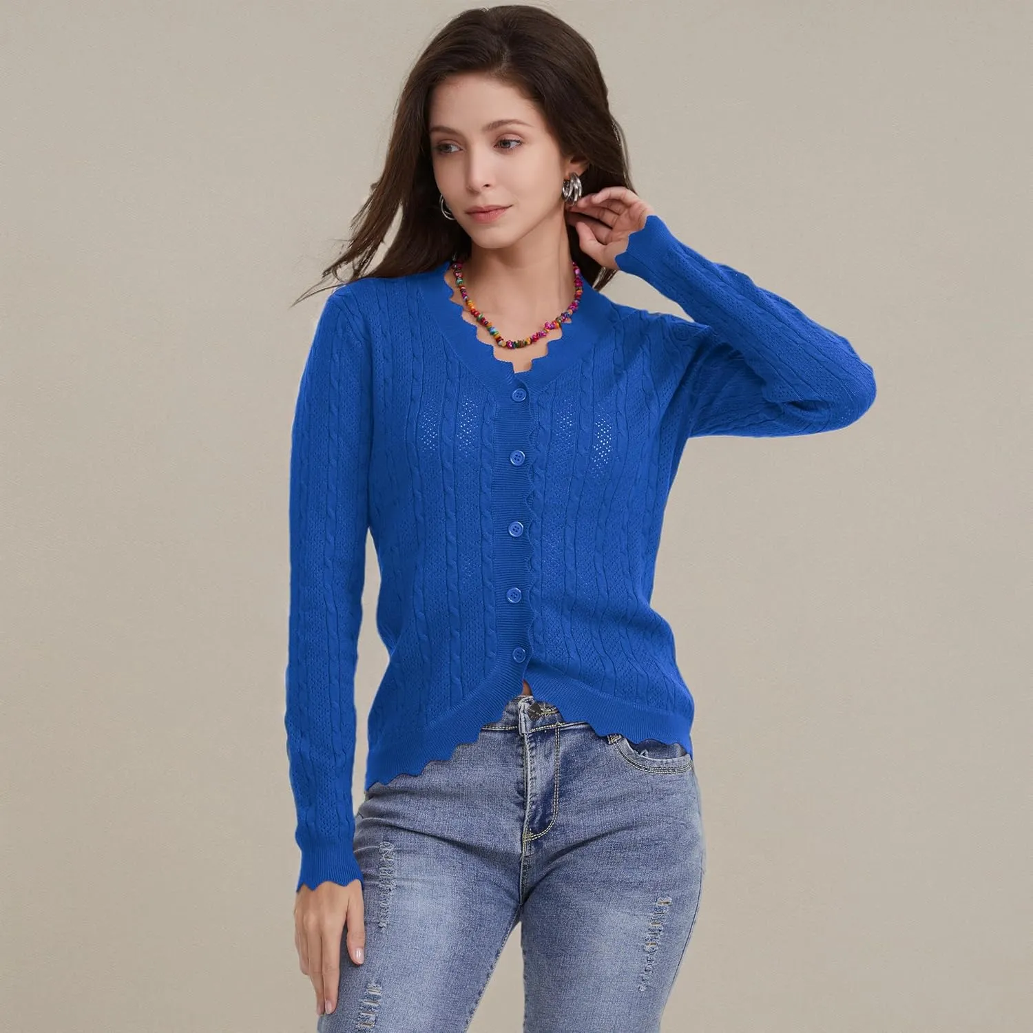 Women's Lace V Neck Hollow-Out Crochet Button Down Knit Slim Cropped Cardigan