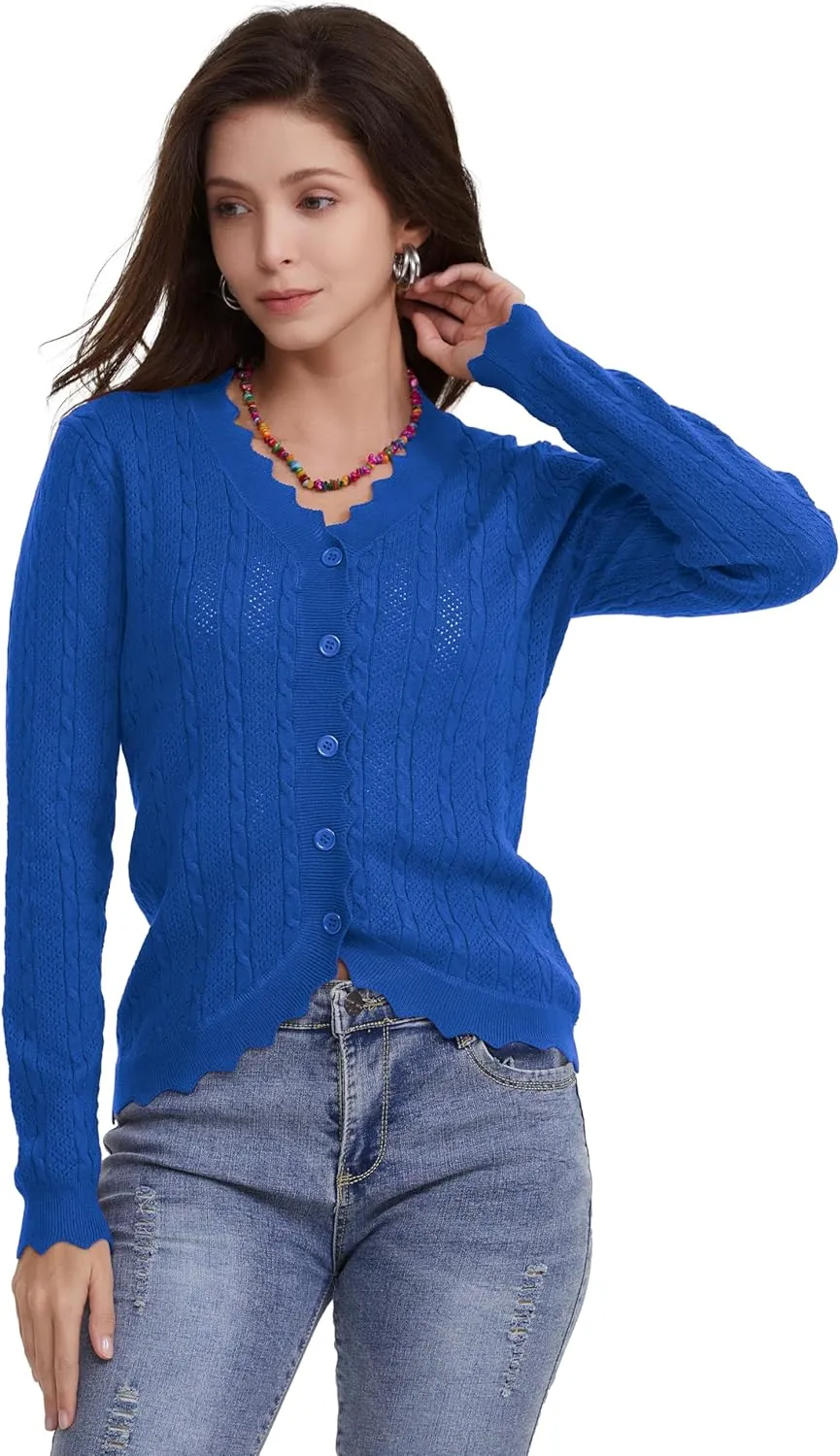 Women's Lace V Neck Hollow-Out Crochet Button Down Knit Slim Cropped Cardigan