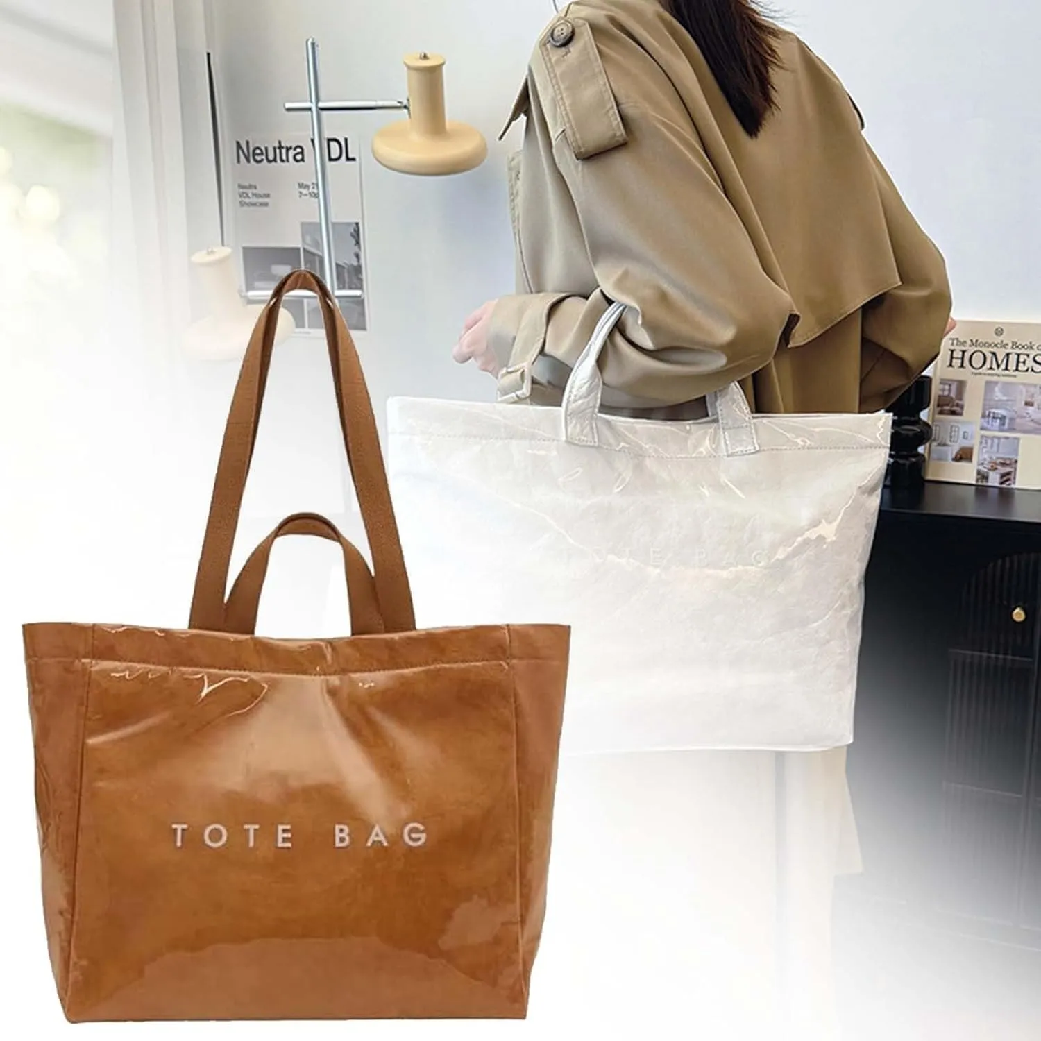 Women's Letters Print Tote Bag, PVC Shoulder Bag Large Kraft Paper Tote Bag for Women Tote Handbag for Shopping Travel